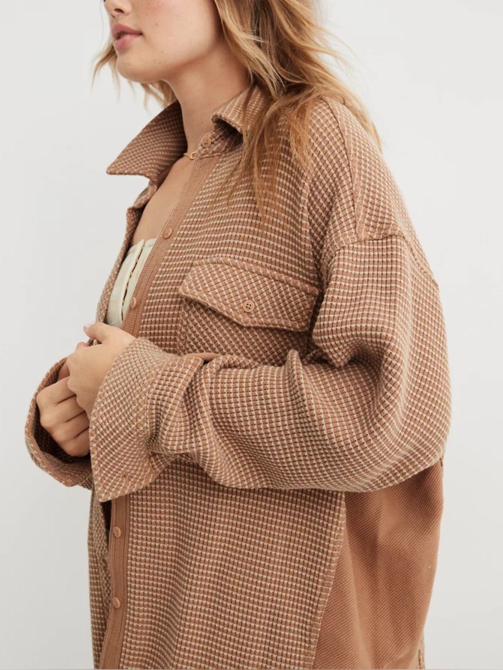 Aerie Lumber Jane Waffle Shirt Shacket XL Oversized Neutral Tan Thermal Minimal